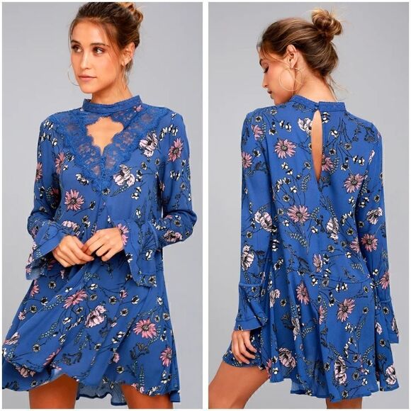 Lulus Dresses & Skirts - Lulu's New You Royal Blue Floral Print Lace Long Sleeve Swing Dress Size Small
